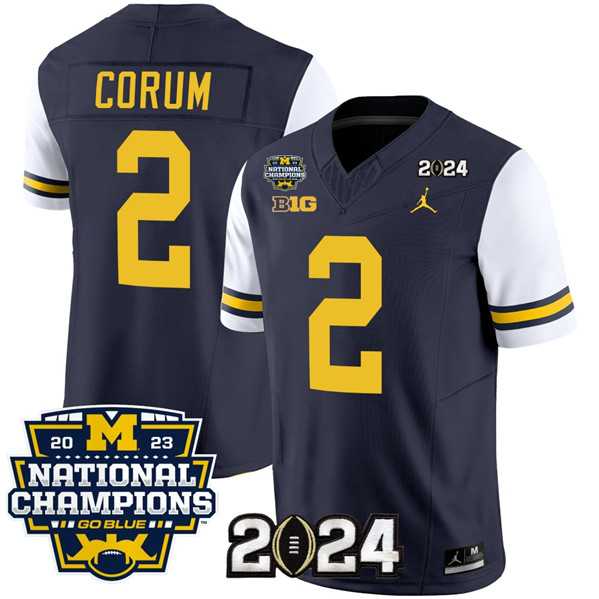 Men%27s Michigan Wolverines #2 Blake Corum Navy White 2024 F.U.S.E. With 2023 National Champions Patch Stitched Jersey